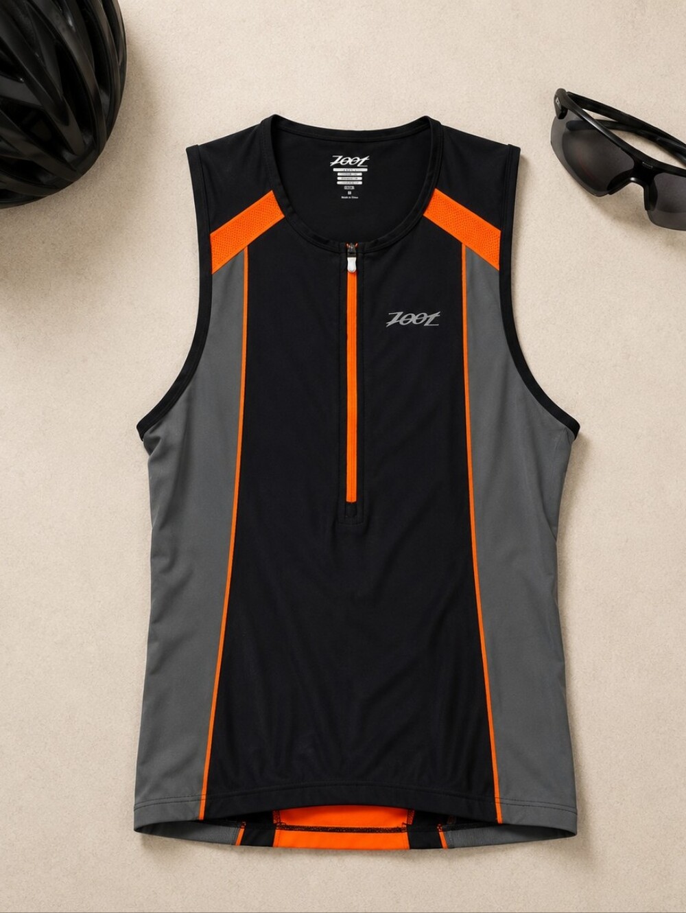Zoot Black,Gray & Orange Tri Tank Back Pockets Cycling Shirt. Mens Large